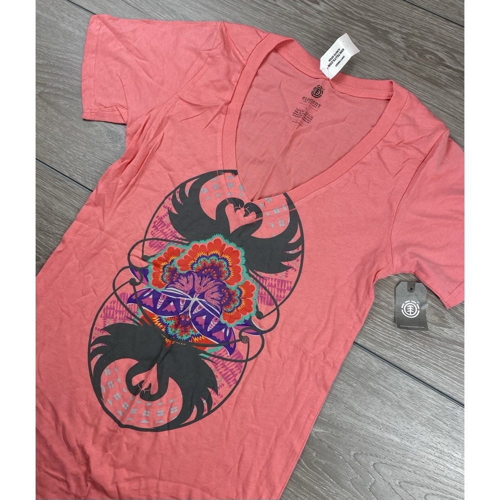 Element Women's‎ V Neck Illustrated Graphic Tee Pink Large New